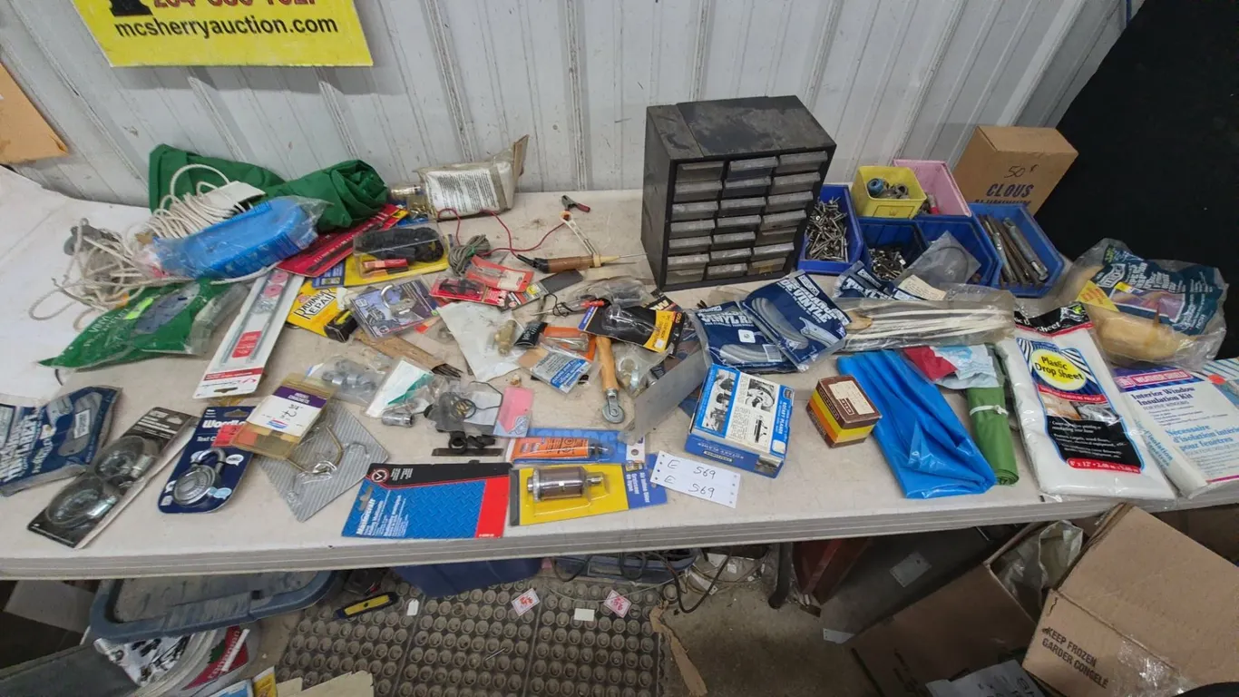 Assorted Hardware and Supplies: Multi-Drawer Cabinet, Bins of Fasteners, Weatherstrip, Drop Sheets