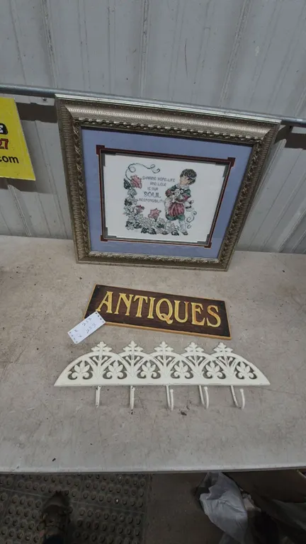 Framed Cross Stitch Art, "Antiques" Sign, and Decorative Wall Hook Rack