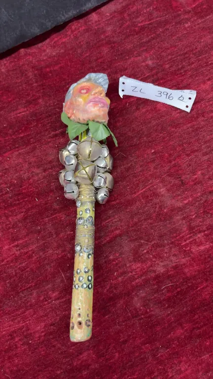 Handcrafted Folk Art Ceremonial Rattle Staff with Shrunken Head, Jingle Bells and Leaves, 13”
