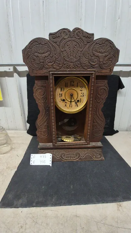 Carved Wood. Gingerbread Mantle Clock with Brass Face and Pendulum, front glass gone