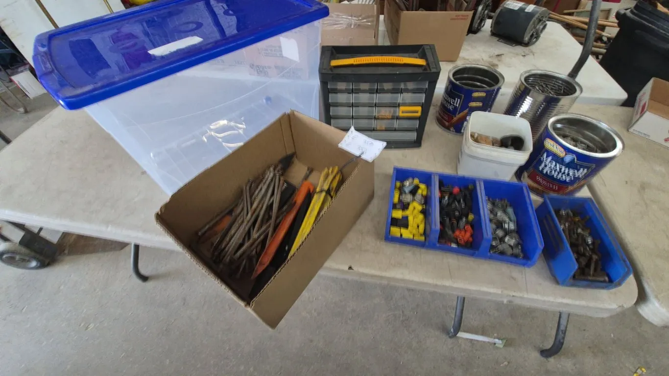 Hardware Assortment: Clear Storage Totes, Multi-Drawer Organizer, Nails, Screws