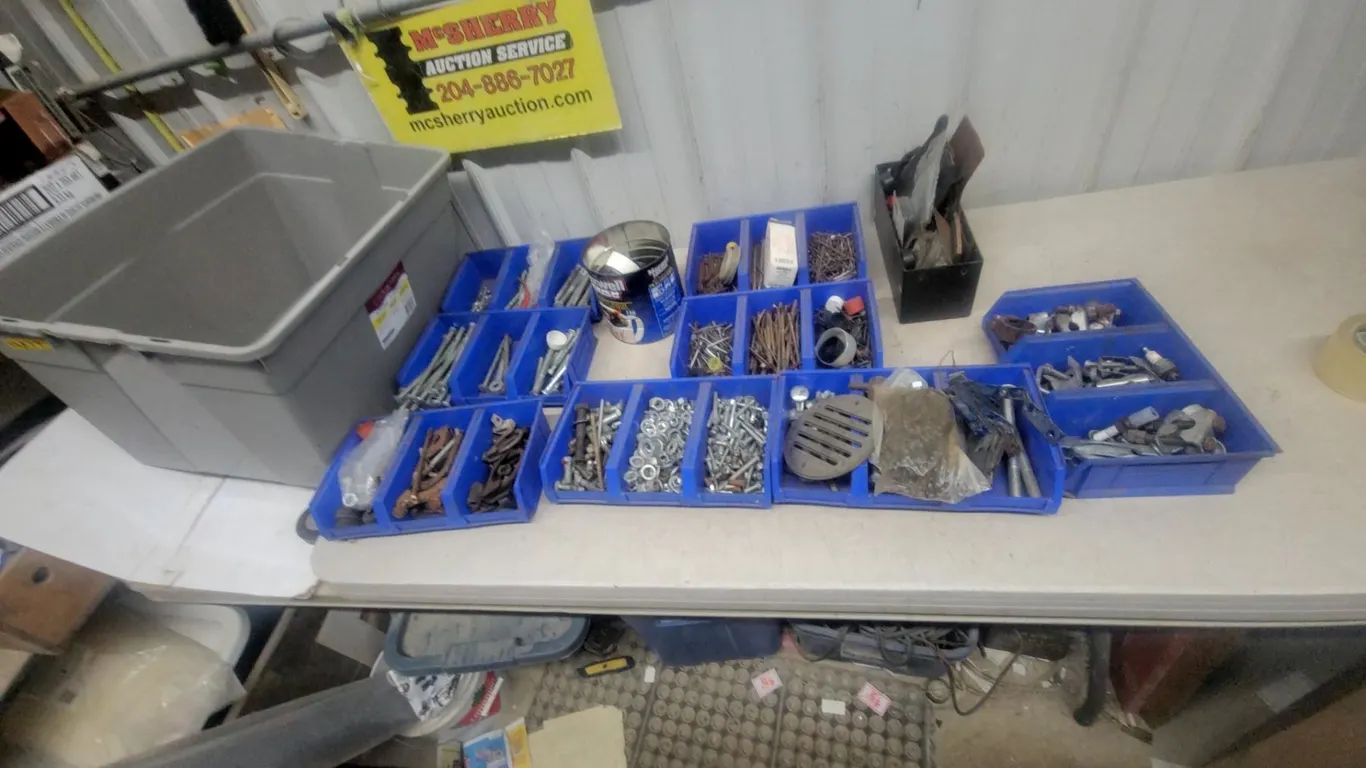 Assorted Hardware: Nuts, Bolts, Washers, Screws, Clamps, syorage tub