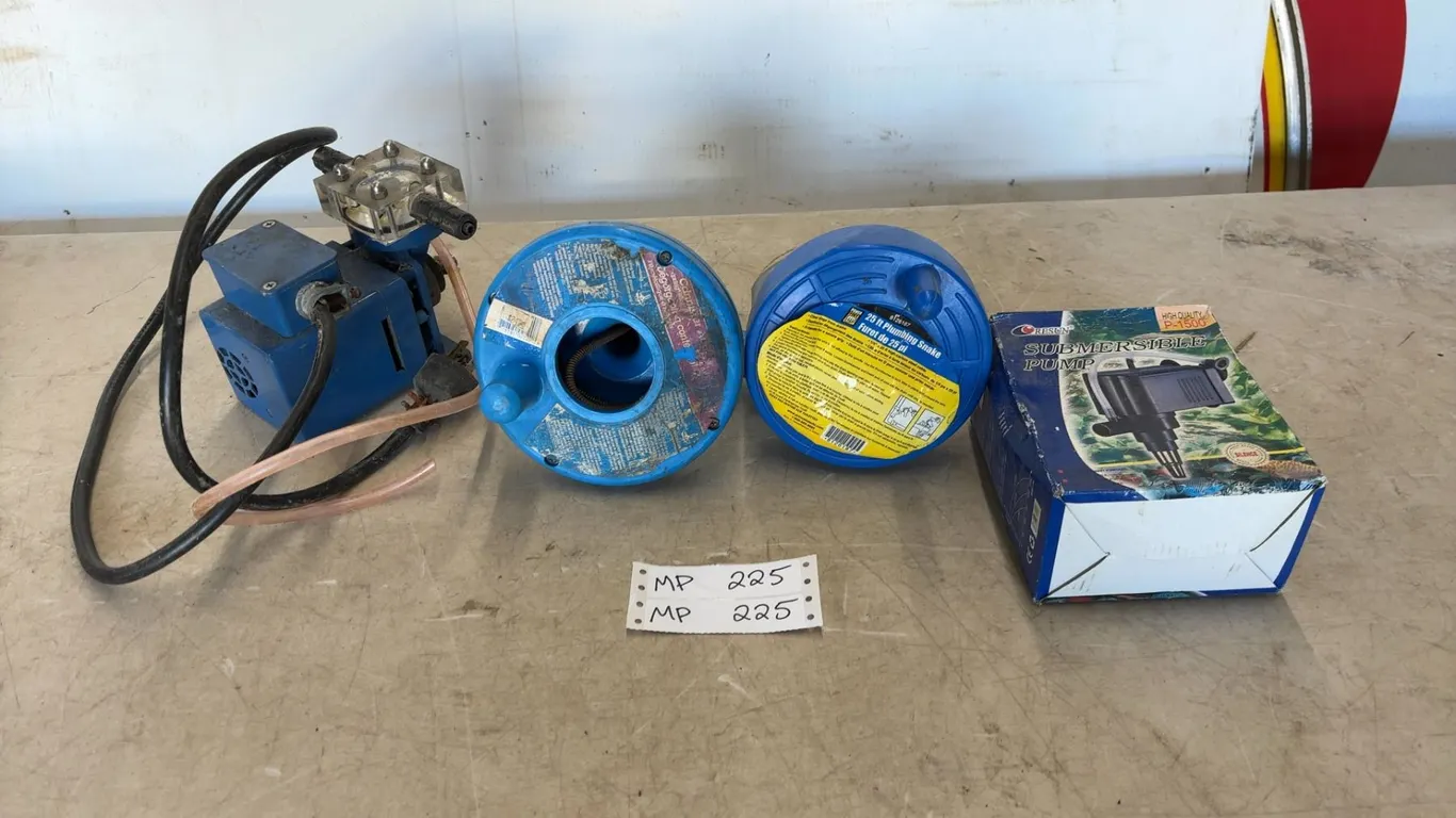 Power Fist 25' Plumbing Snake, Submersible Pump, and Blue Pump with Hoses