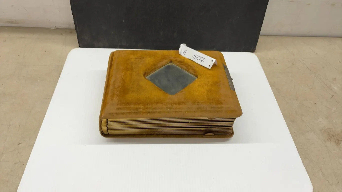 Antique Victorian Velvet-Covered Photograph Album with Diamond Mirror and Metal Clasp, Late 19th
