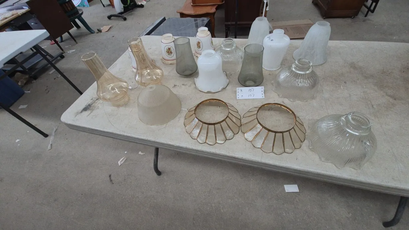 Assorted Glass and Metal Light Shades: Clear, Frosted, White, Amber, and Scalloped