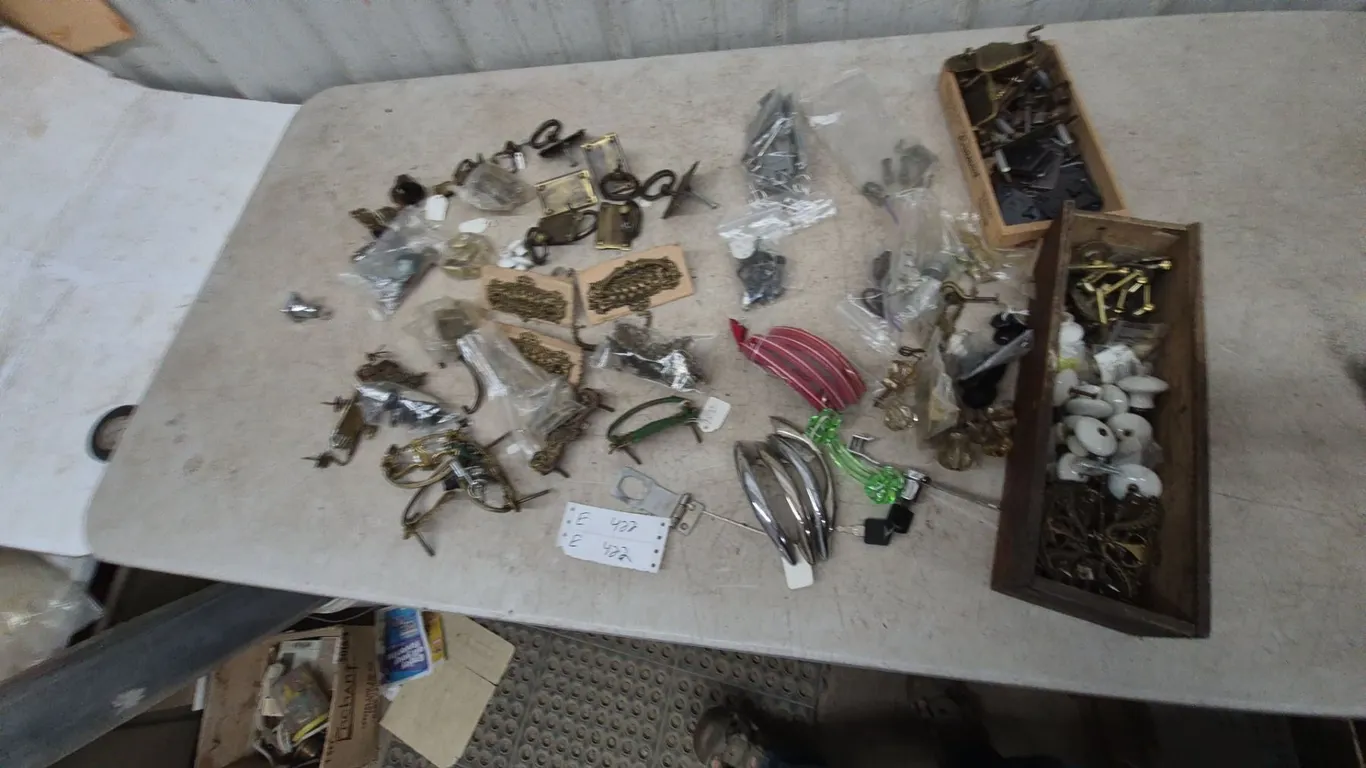 Assorted Vintage Cabinet and Door Hardware: Brass Handles, White Ceramic Knobs, Locks