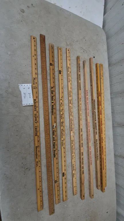Lot of 10 Vintage Wooden Rulers: Symons Forms, Tecumseh Livestock Market, KVRN 880 Auction Time, Ha