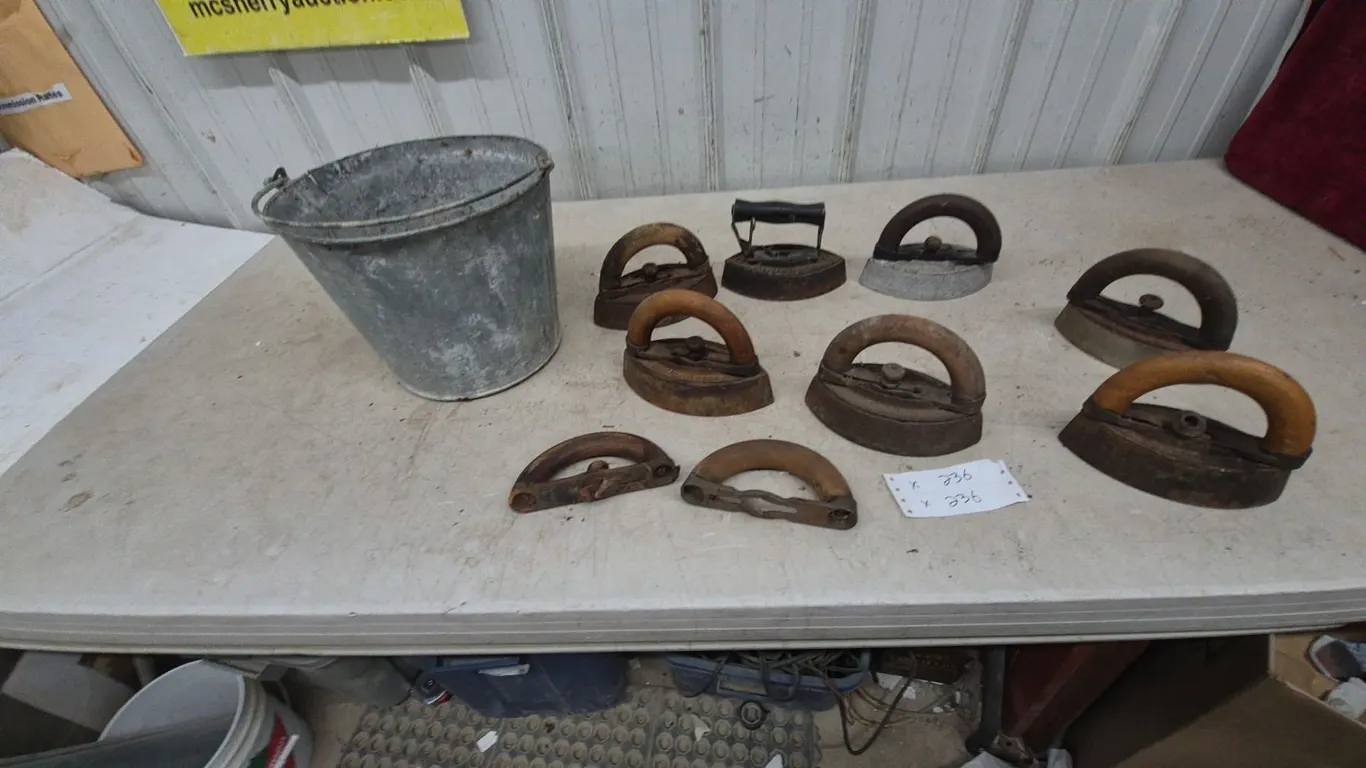 Collection of Antique Sad Irons and Galvanized Bucket