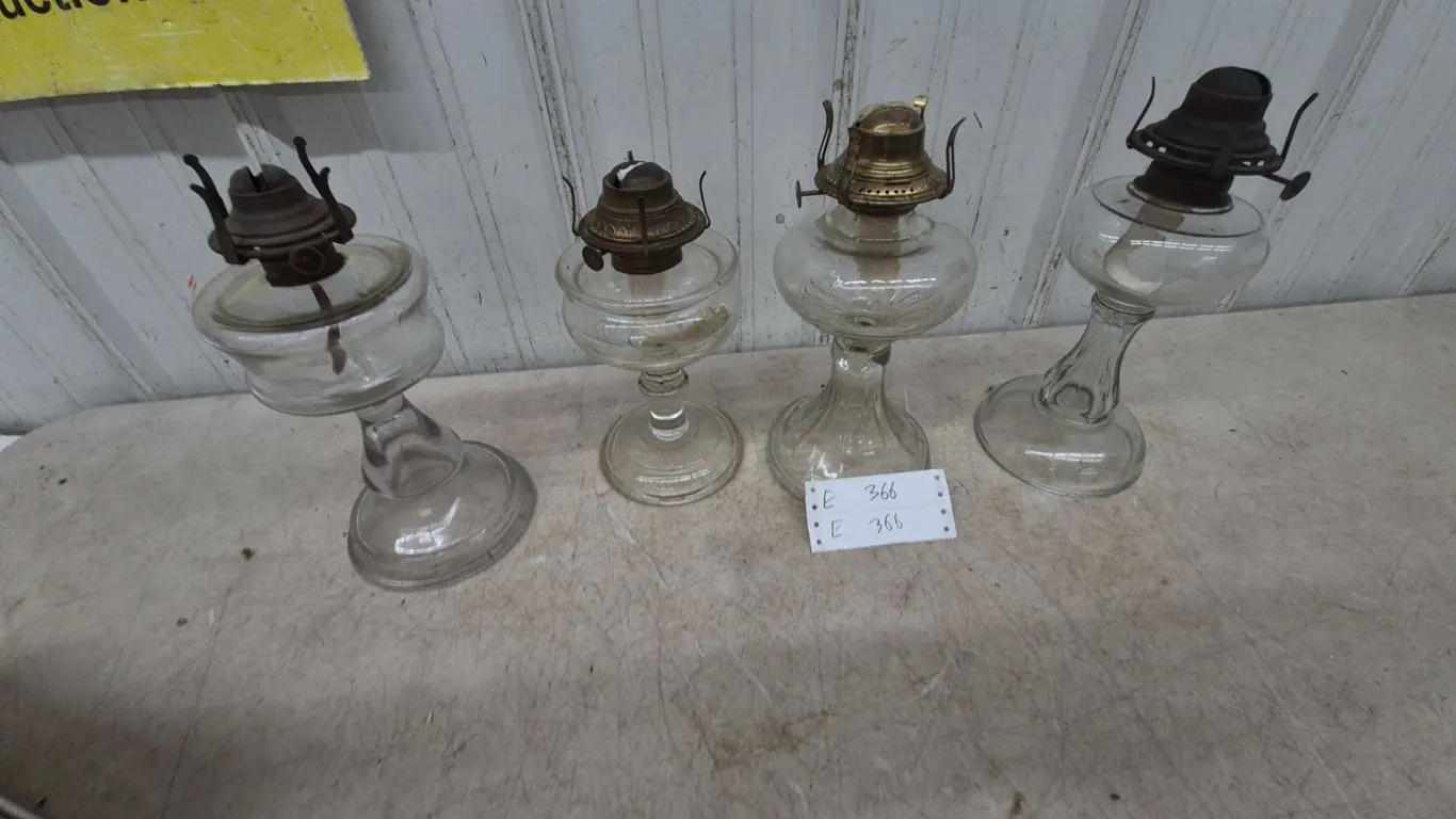 Four Clear Glass Oil Lamps with Metal Burners