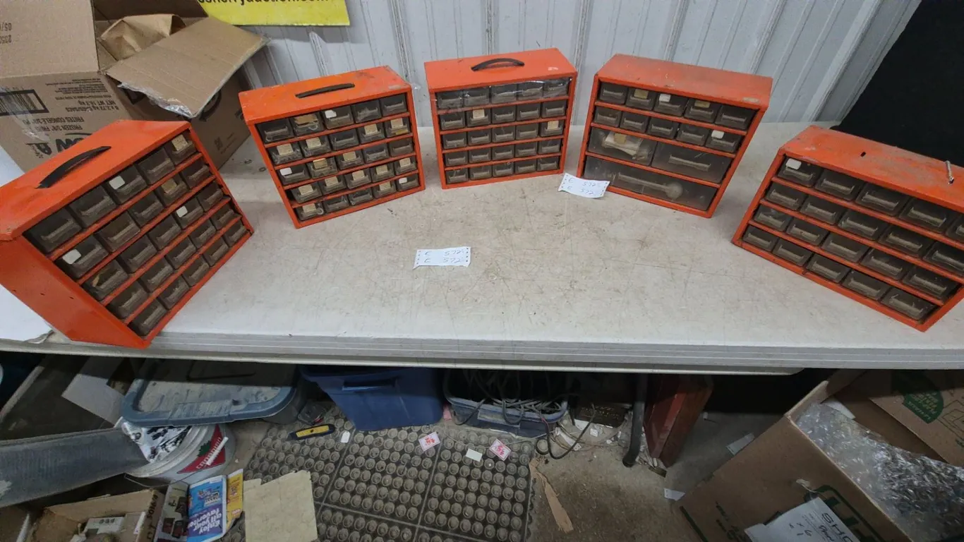 Five Orange Metal Multi-Drawer Small Parts Organizers with Clear Plastic Drawers all with hardware
