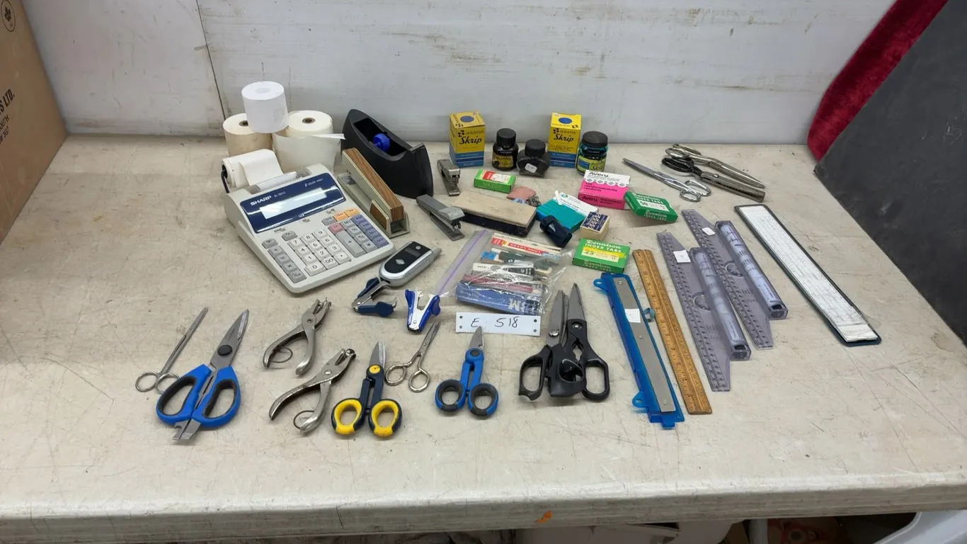 Sharp Printing Calculator, No Power Cord, Staplers, Scissors, Rulers, Sheaffer Skrip Ink, Index