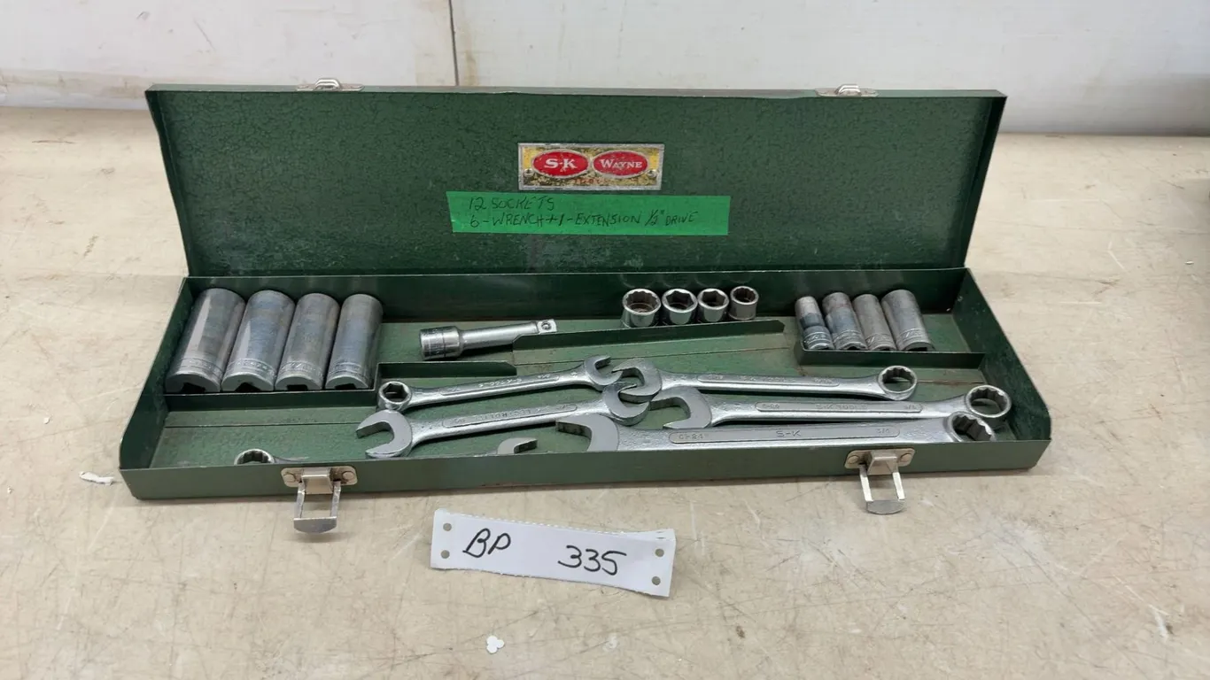SK Metal Tool Box with 12 Sockets, 6 Wrenches, and 1/2” Extension