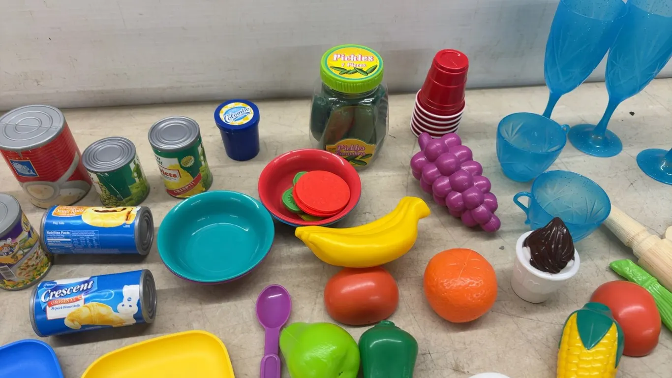 Play Food and Utensils, Cutlery Trays, and Blue Plastic Glasses