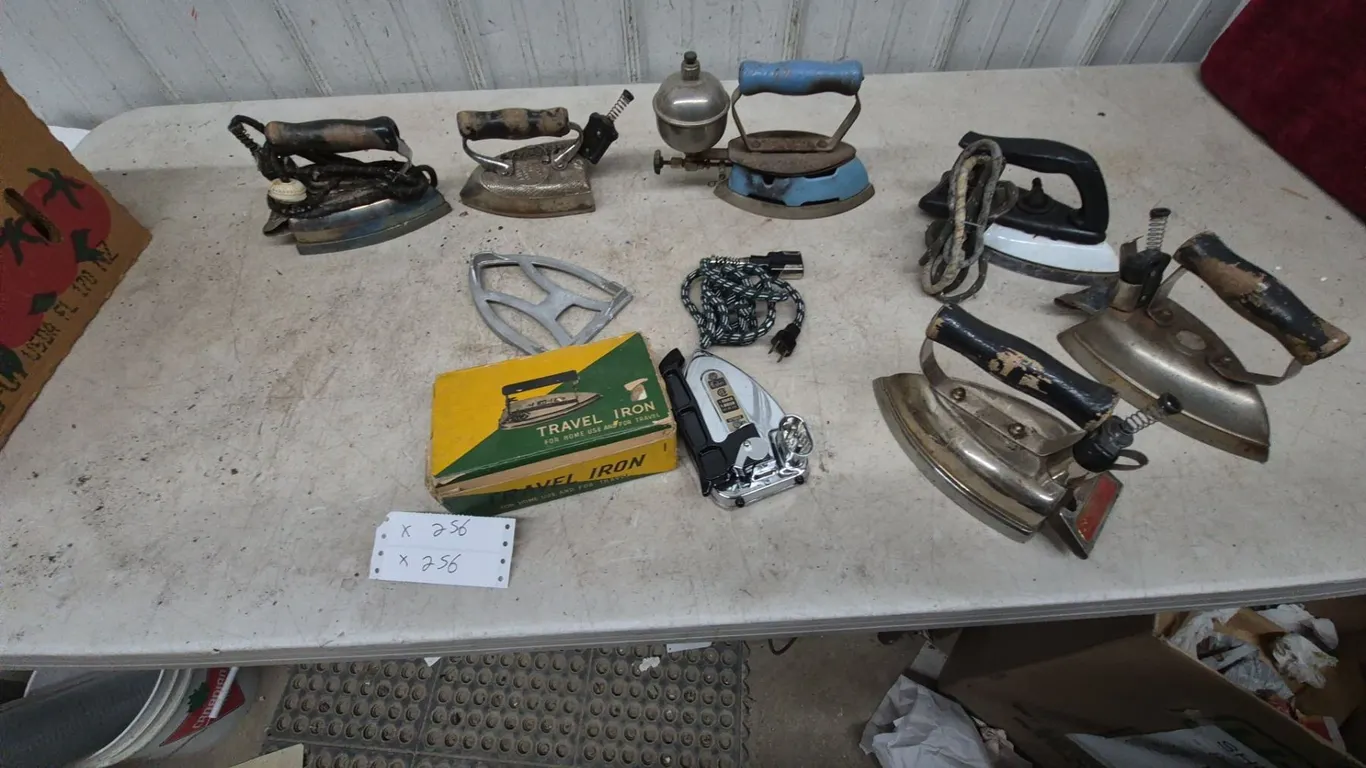 Collection of Vintage Irons: Travel Irons, Electric Irons, and Gas Irons