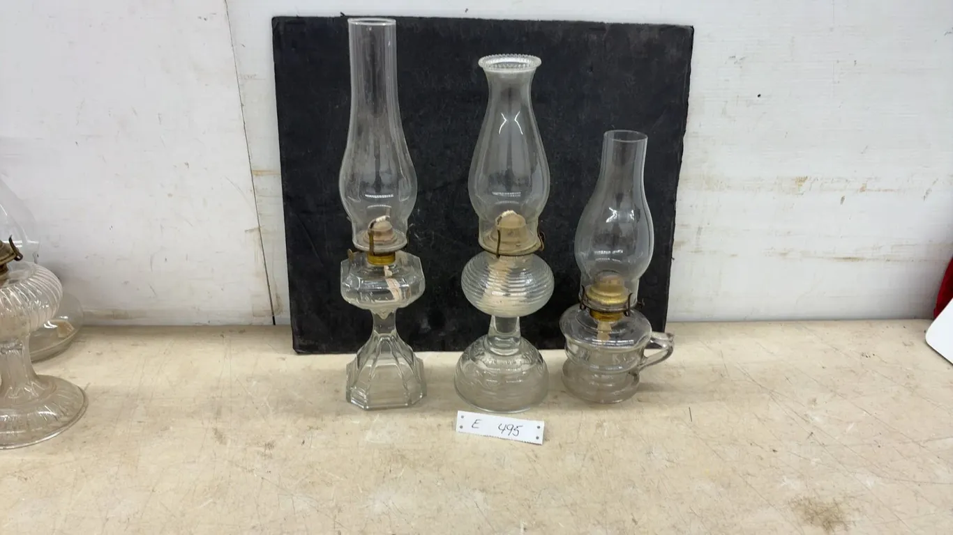 Three Clear Glass Kerosene Oil Lamps, Late 19th to Early 20th Century, Pedestal and Finger Styles