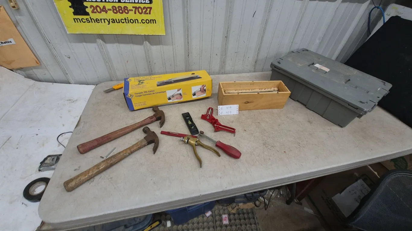 Ceramic Tile Cutter, 2 Hammers, Level, Pliers, Red Clamp, and Wood Box of Metal Pieces