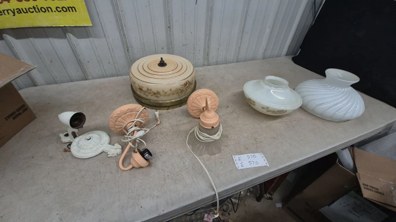 Assorted Vintage Light Fixtures and Shades: Floral Glass Shade, Swirl Glass Shade