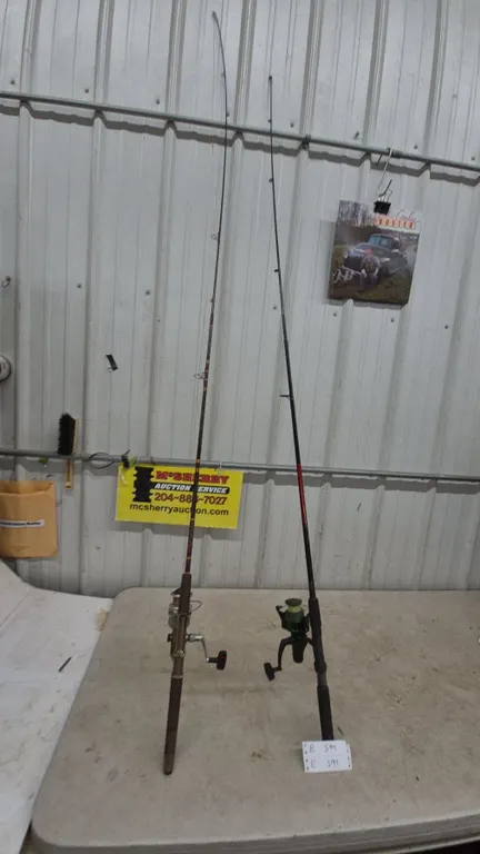 Two Fishing Rods: Hawk GR2000 and Zebco 33 Spinning Reels
