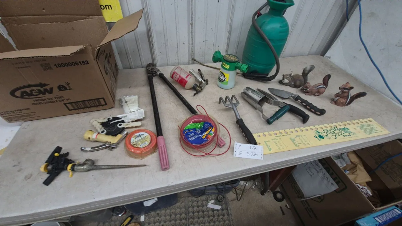 Garden Tools and Squirrel Figurines: Sprayer, Trowels, Rake, Shovel