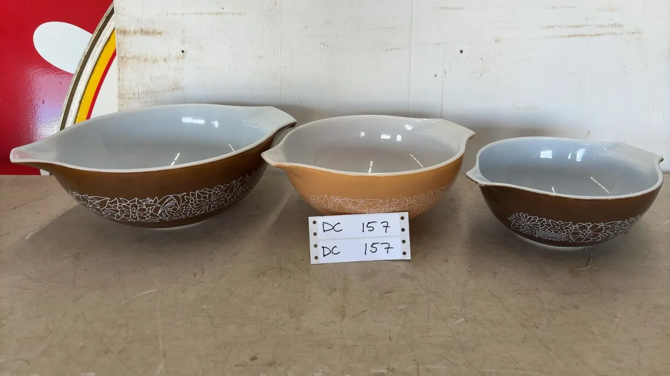 Pyrex Brown and Orange Floral Pattern Mixing Bowls, Set of 3: 2 Brown, 1 Beige