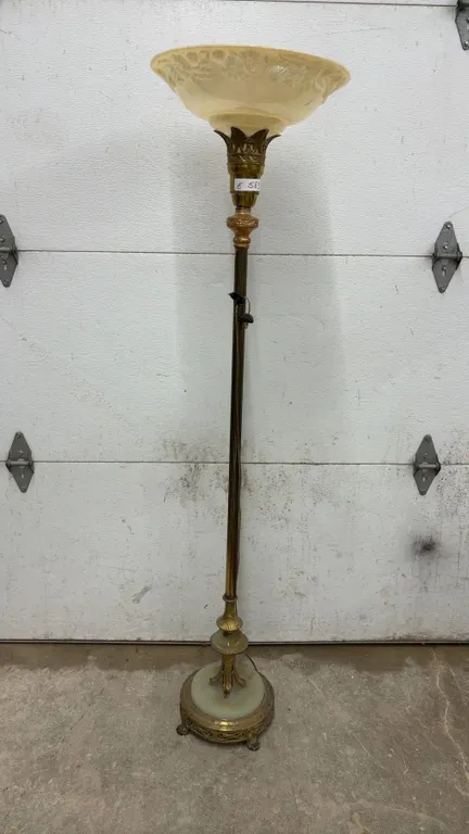 Vintage Ornate Brass Torchiere Floor Lamp with Floral Glass Shade and Marble Base, 63” Tall