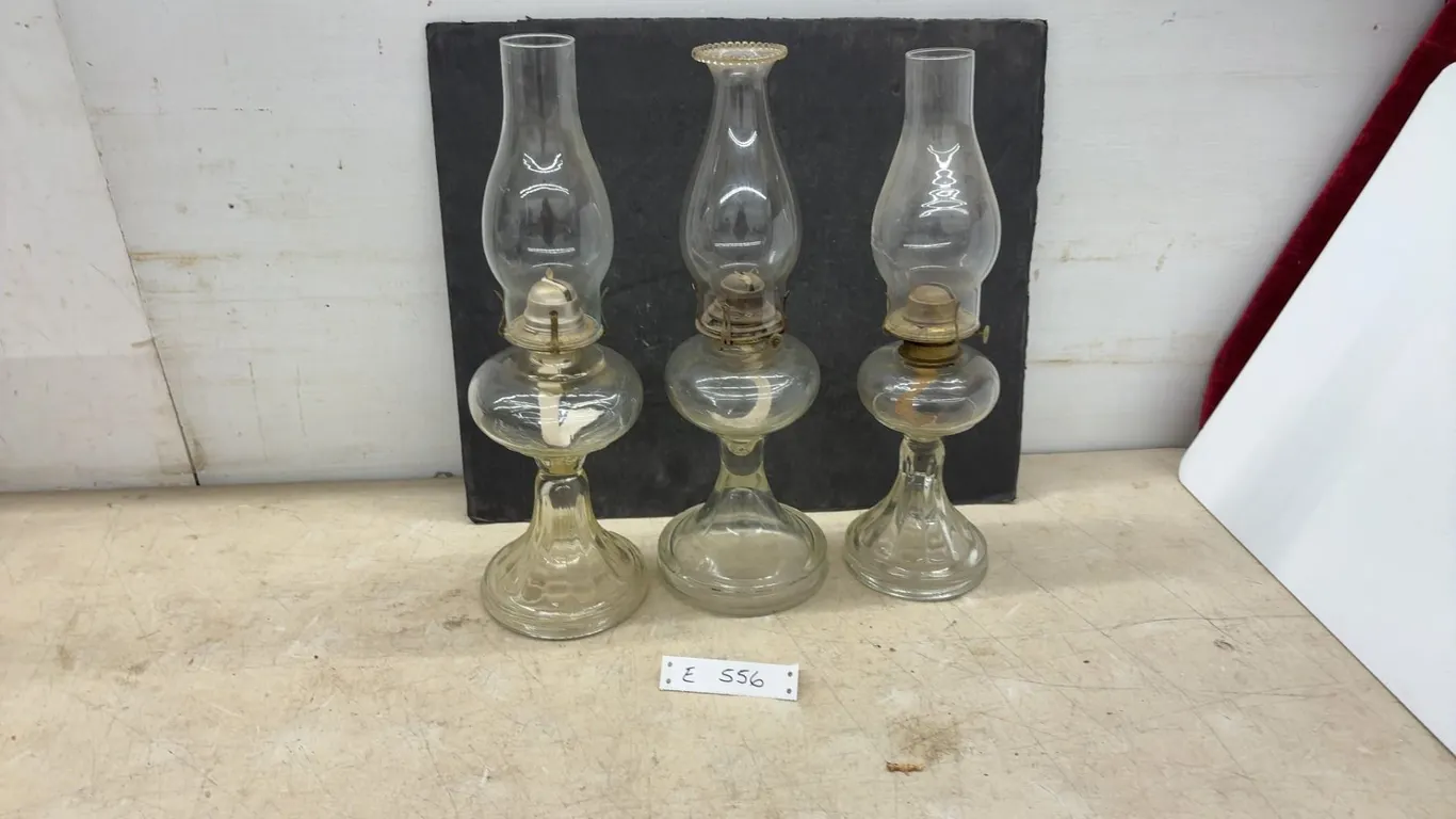 Three Clear Glass Kerosene Lamps with Chimneys