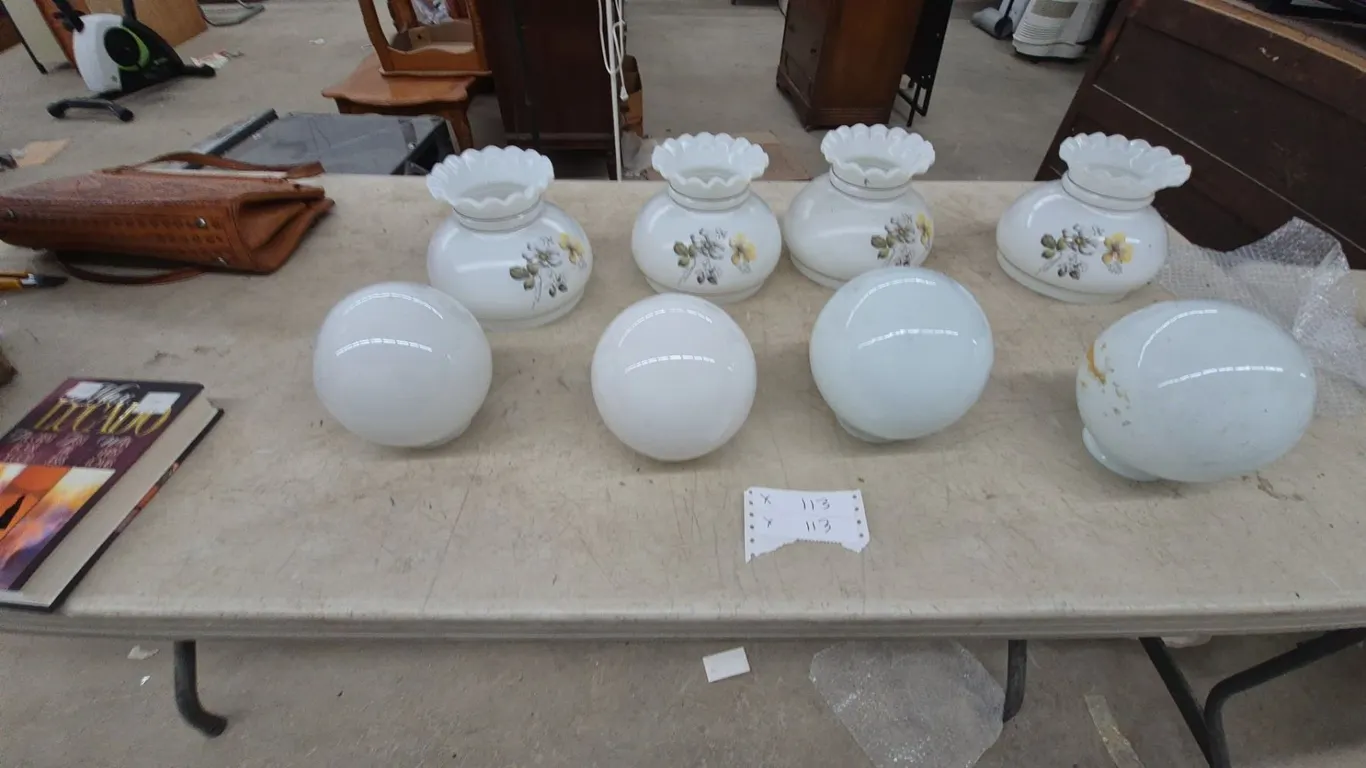 Assorted Lamp Shades and Globes: 4 Floral-Patterned Glass Lamp Shades, 4White Glass Globes