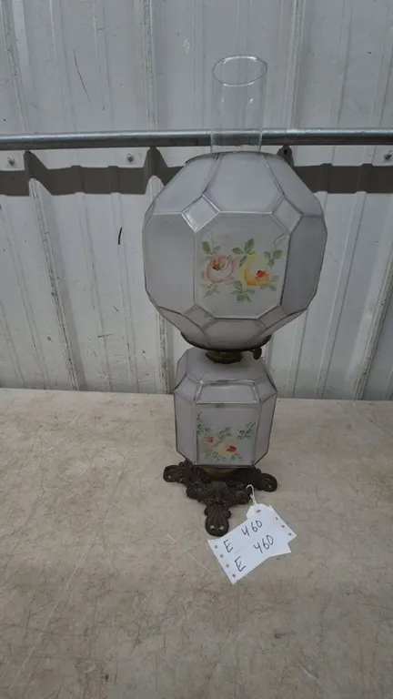 Antique Oil Lamp with Frosted and Painted Floral Glass Shades, Glass Chimney, and Ornate Metal Base