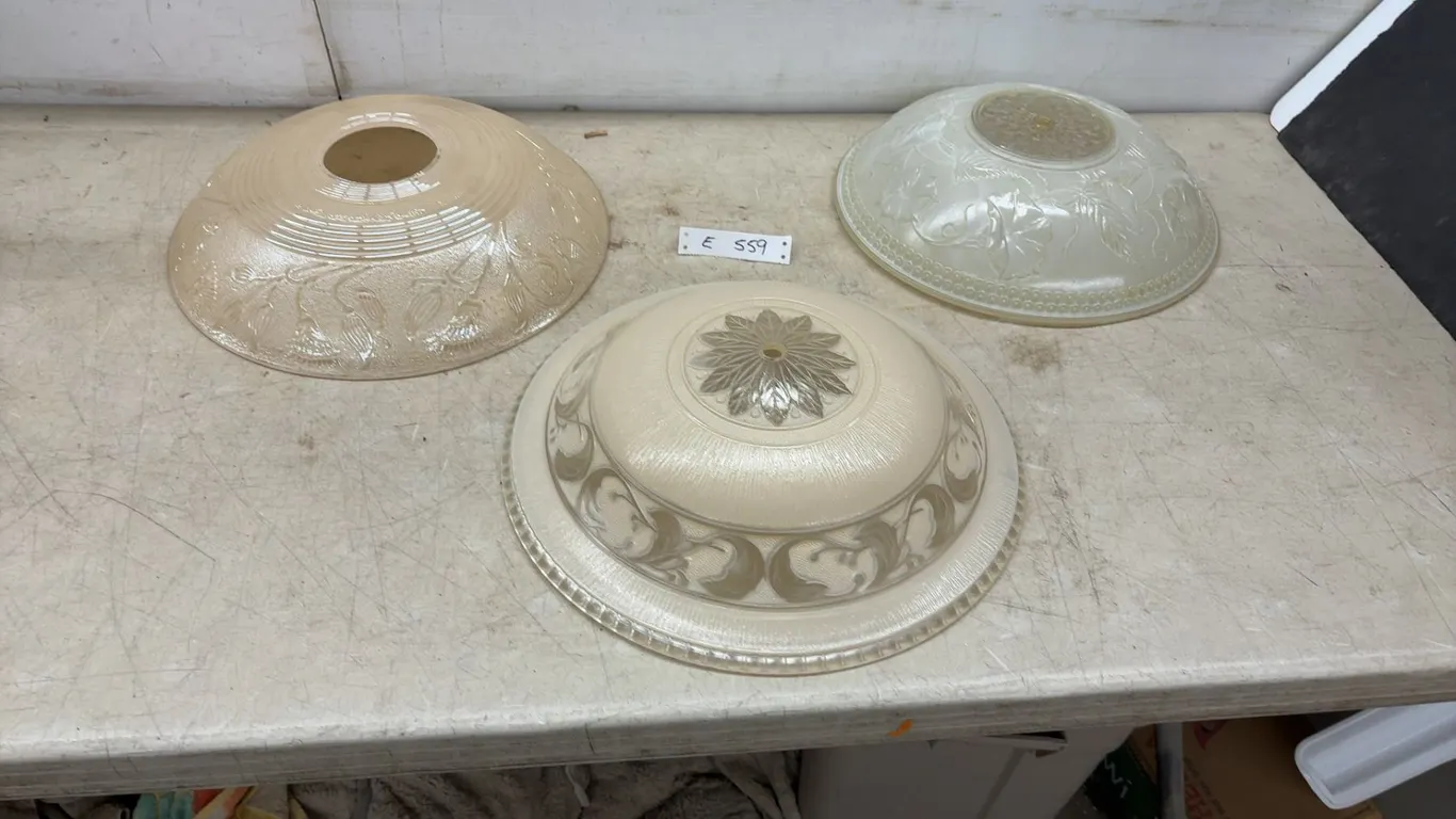 Three Vintage Frosted Glass Ceiling Light Shades With Floral and Scroll Designs