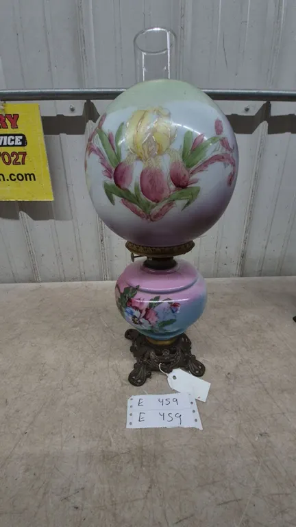 Hand-Painted Gone With the Wind Lamp with Iris and Pansy Floral Designs, Glass Chimney