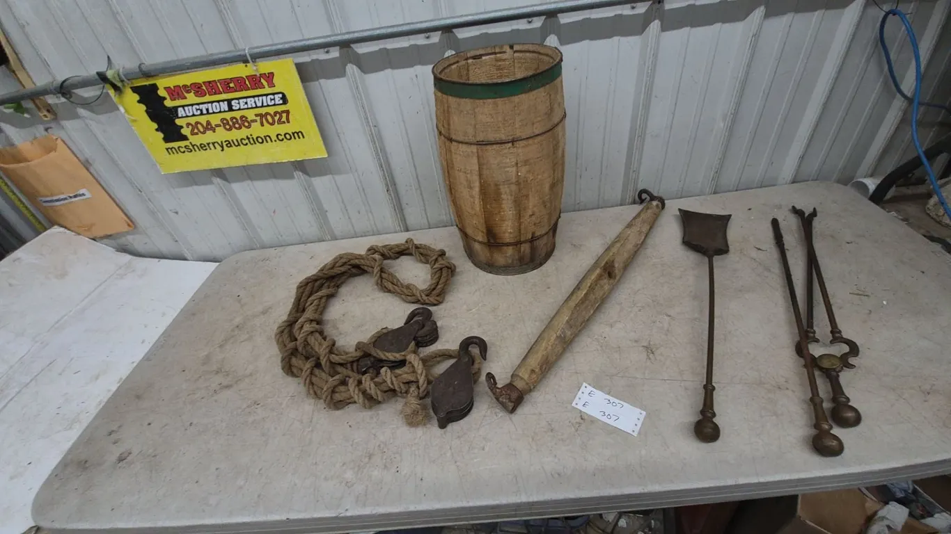 Wooden nail keg, Rope and Pulley System, and Brass Fireplace Tools