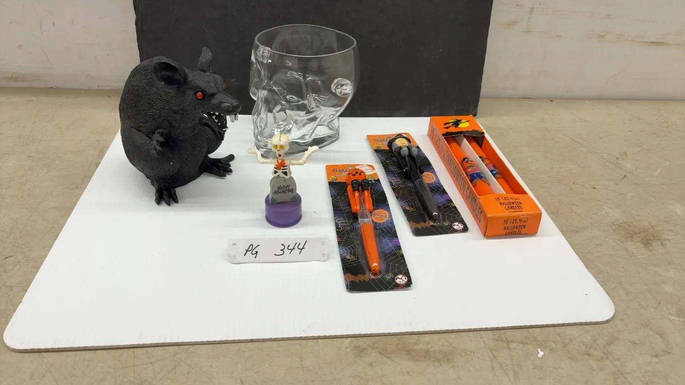 Halloween Lot: Candles, Rat, Pens, Glass and Skull