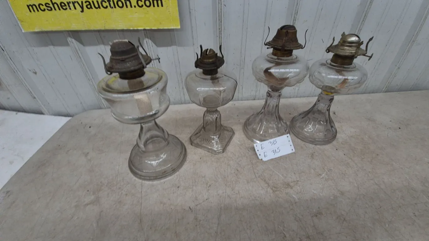 Four Clear Glass Oil Lamps with Metal Burners and Wicks