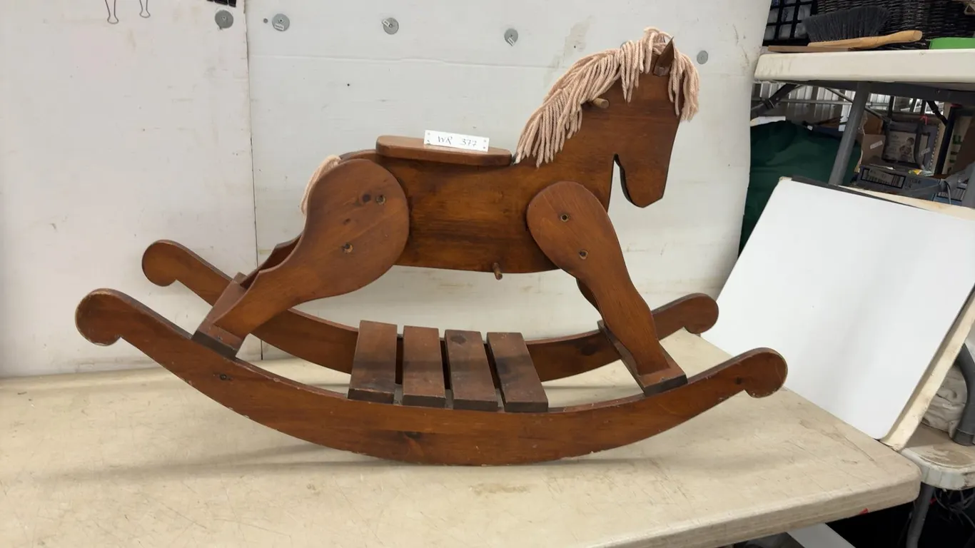 Handmade Wooden Rocking Horse with Yarn Mane and Slatted Base, 29 × 46 × 12”