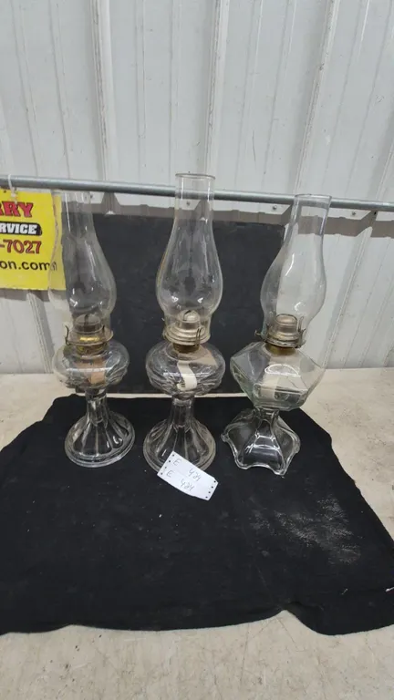 Three Clear Glass Kerosene Lamps with Chimneys and Wicks