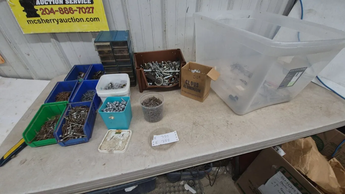 Assorted Hardware: Nuts, Bolts, Screws, Nails, and More in Bins, Tubs, and Organizers