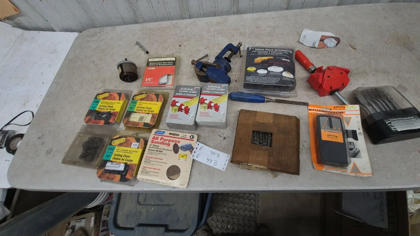 Bench Vise, 7” Value Pack Bonnets, Studsensor, 15-Piece Wood Spade Bit Set, and More chain saw