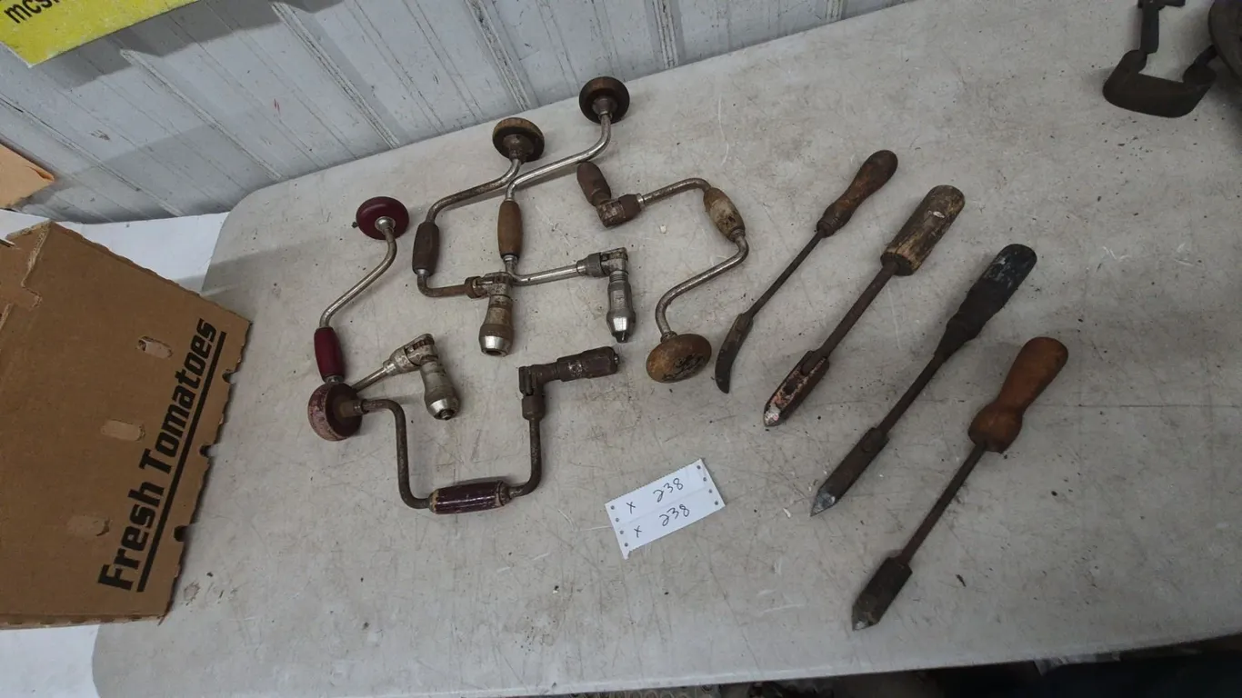 Assorted Braces and Bits, Incl. 5 Hand Braces and 4 Soldering Irons