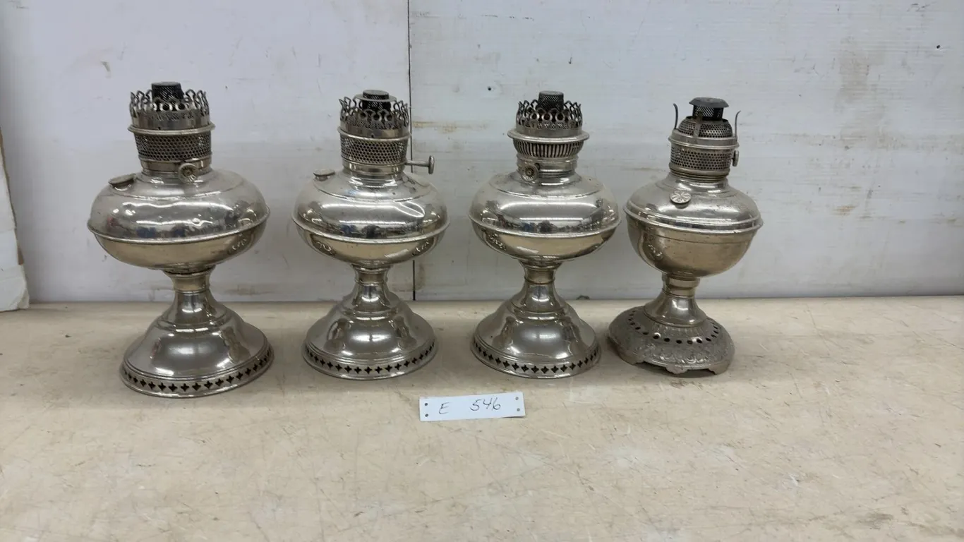 Set of Four Antique Nickel-Plated Kerosene Oil Lamps with Pedestal Bases, No Chimneys