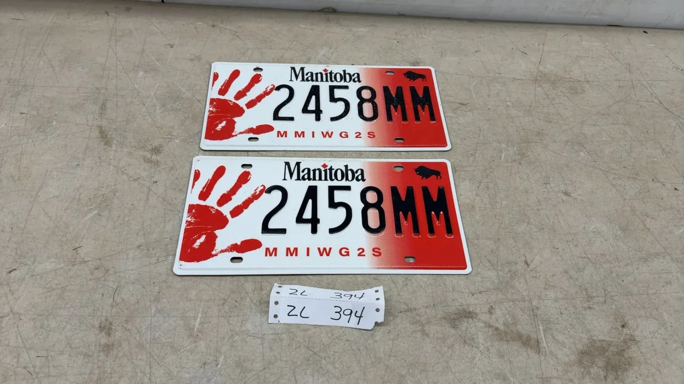 Pair of Manitoba Specialty License Plates, Number 2458MM Honoring Missing Indigenous Women and