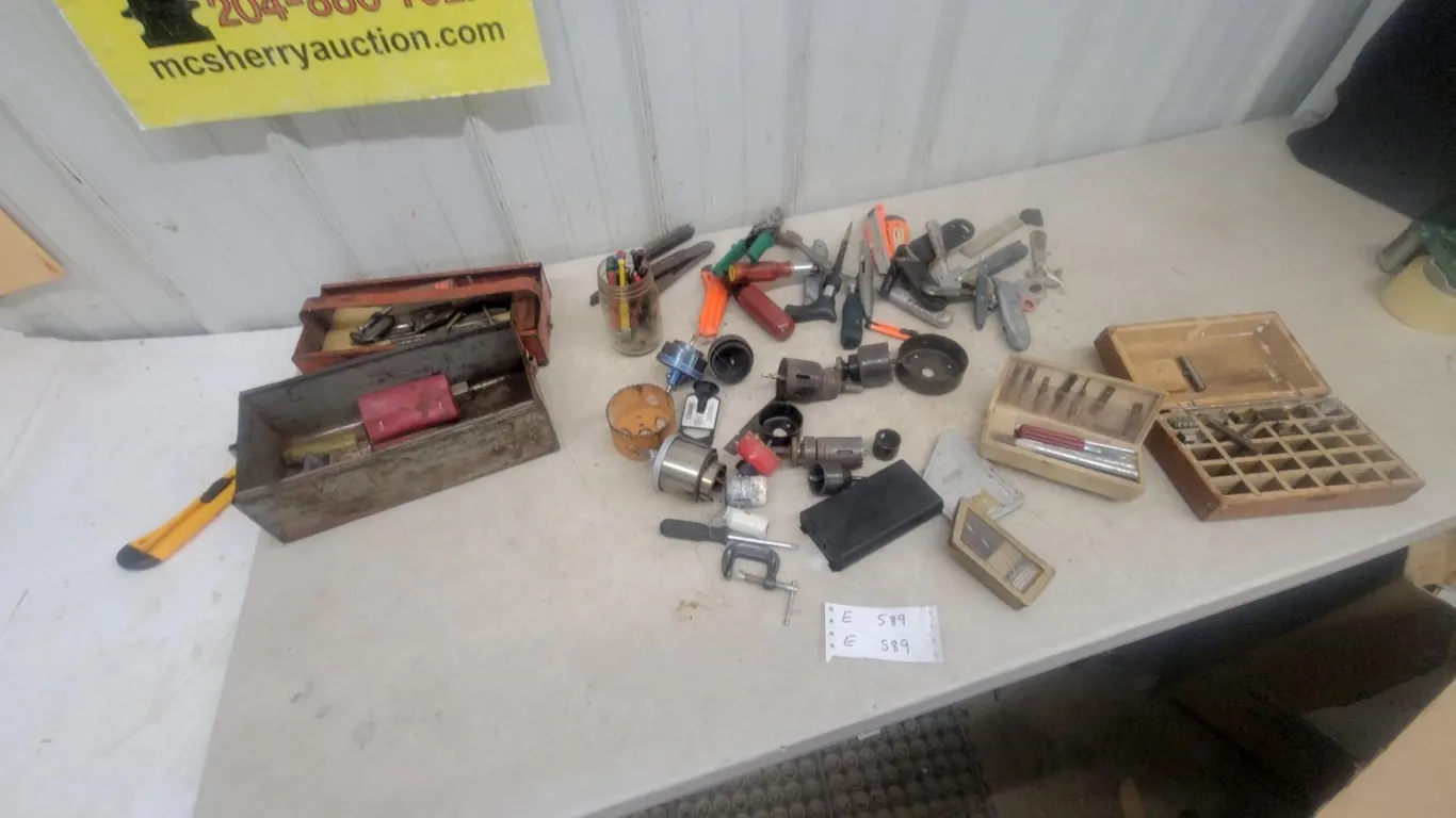 Assorted Hand Tools, Hole Saws, glass cutters and Tool Boxes