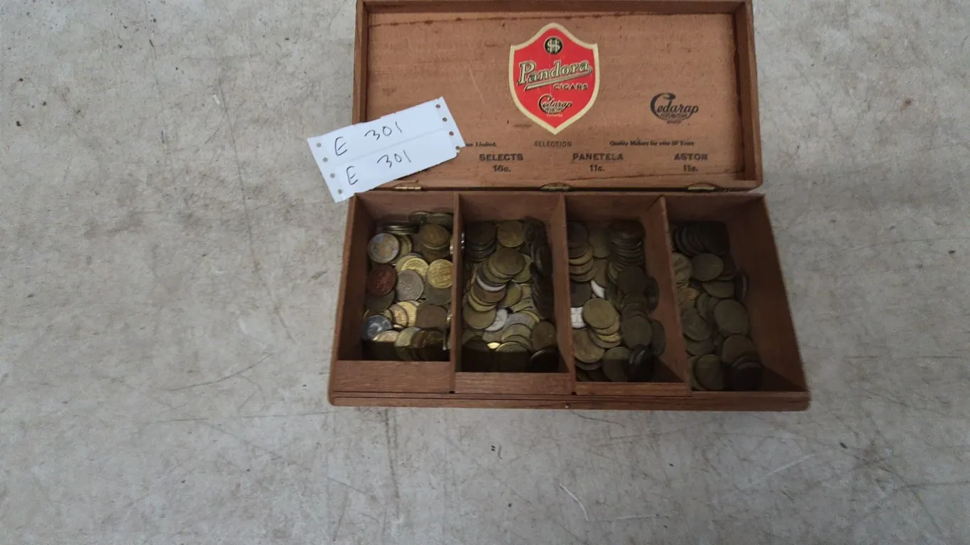 Wooden Cigar Box with Assorted Tokens and Coins