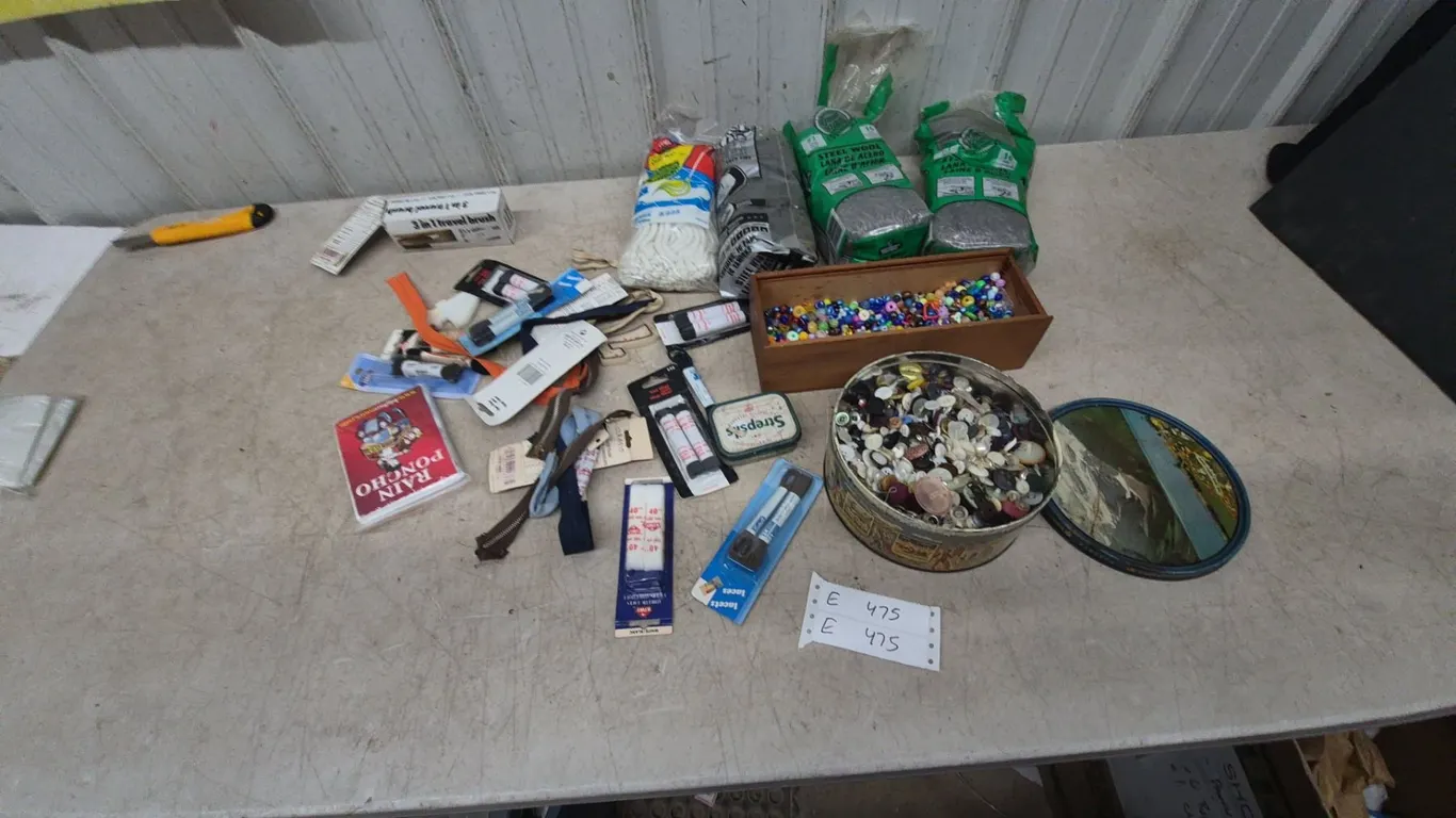 Assorted Craft and Household Lot: Beads, Buttons, Steel Wool, Shoelaces