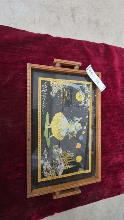 Art Deco Painted Glass Tray with Handles, Depicting a Dancer and Moonlit Scene