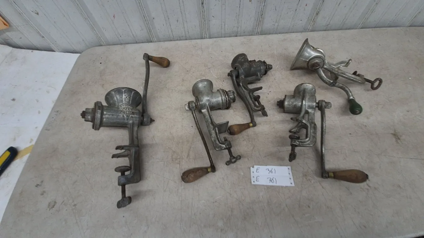 Lot of 5 Vintage Cast Iron Hand-Crank Meat Grinders, including Keen Kutter No. 10 and No. 12