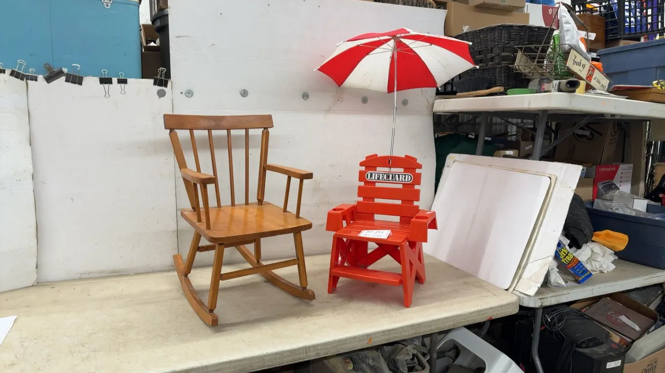 Child's Wooden Rocking Chair and Plastic Chair with Umbrella