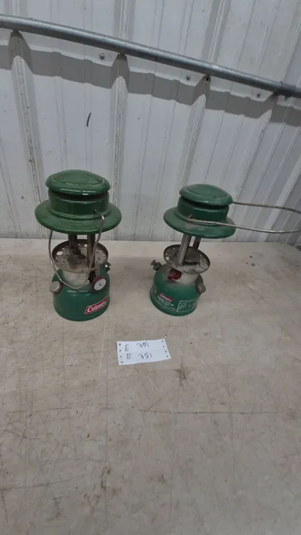 Two Coleman Model 220F Lanterns, Green, with Red and White Dials, no glass