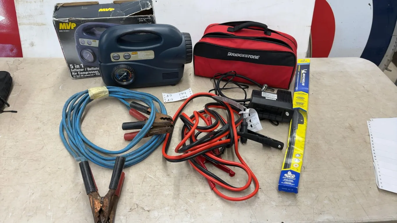 MVP 5-in-1 Inflator/Deflator Air Compressor, Bridgestone Jumper Cables and Bag, Michelin Wiper