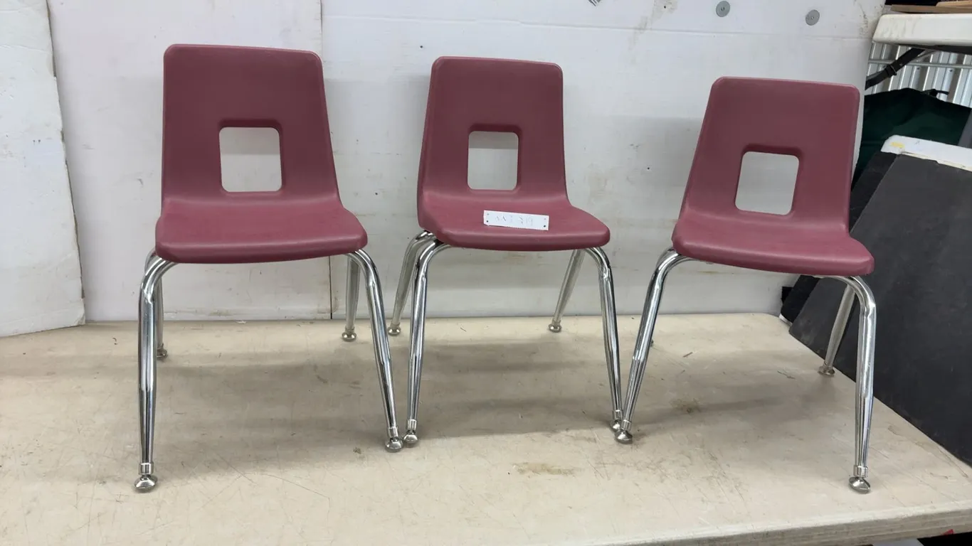 3 Children’s Burgundy Plastic Stack Chairs with Chrome Legs