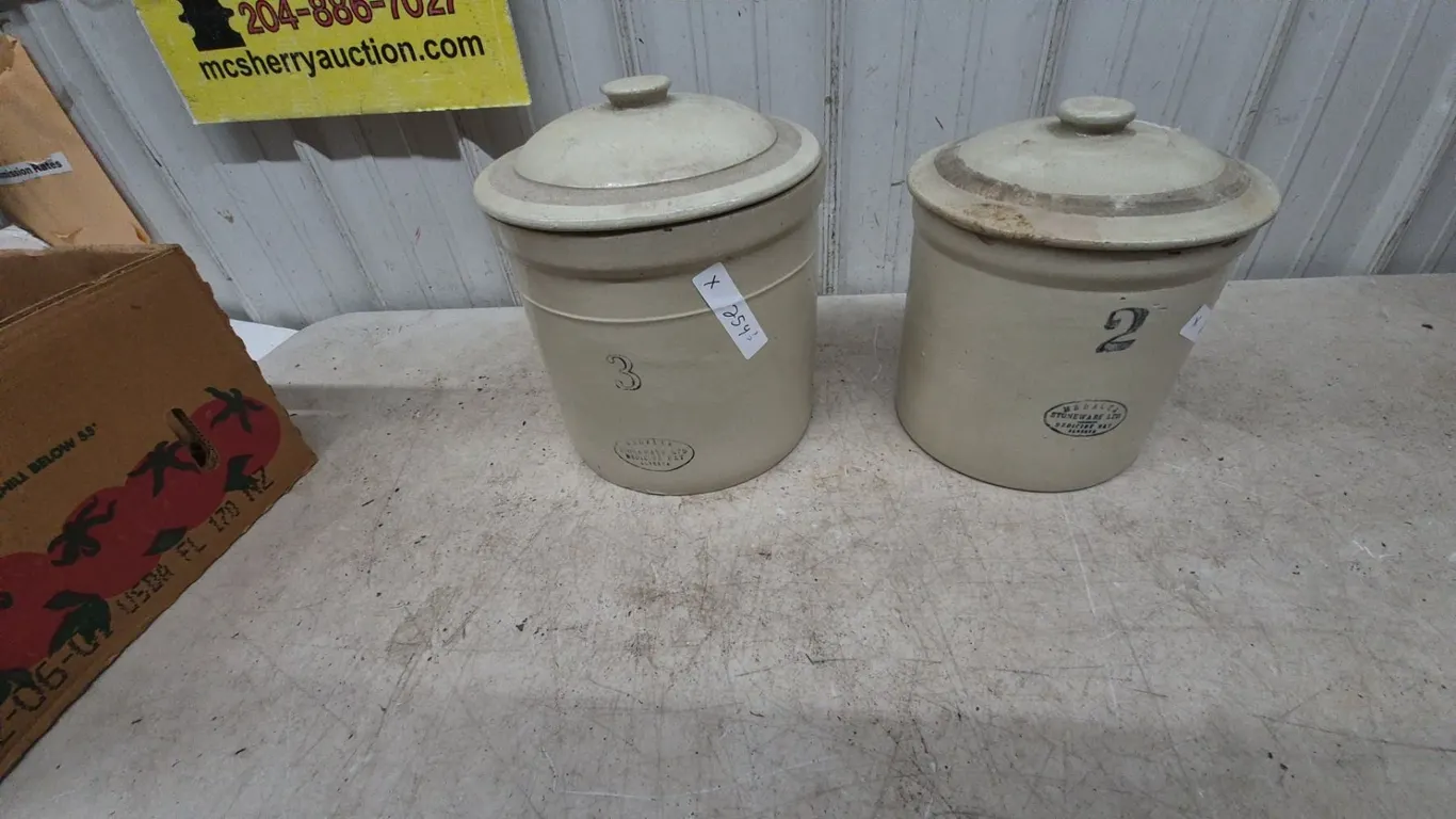 Two Medalta Stoneware Co. Crocks with Lids: 3 Gallon and 2 Gallon